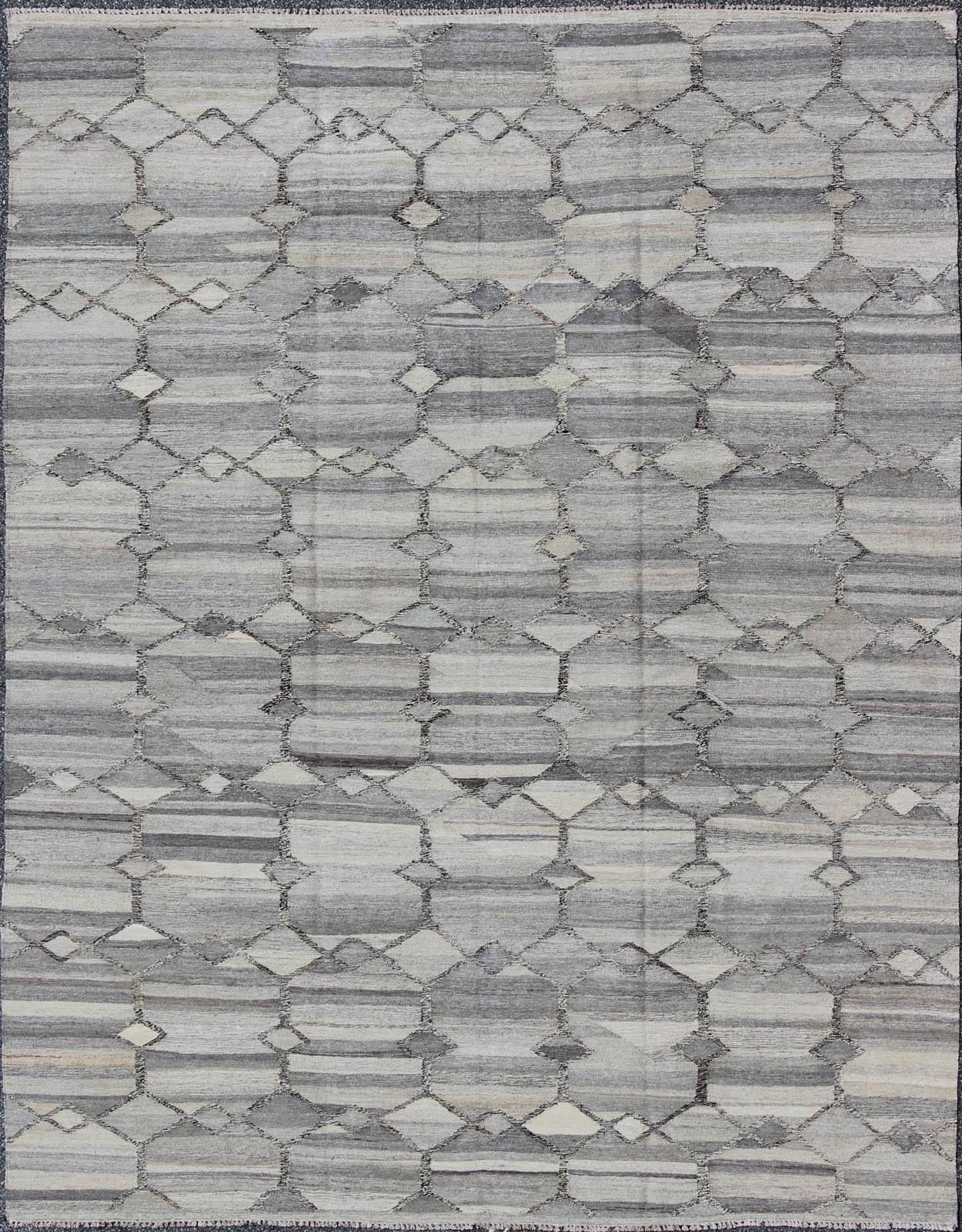 Versatile and neutral color - tone flat - weave Kilim for a Modern interiors as well a casual interiors. Keivan Woven Arts/ rug 17 - 0908, country of origin / type: Afghanistan / Kilim Measures: 7'9 x 9'9 with a Minimalist floor design this sil... - Keivan Woven Arts17 - 0908 - 8869Rug