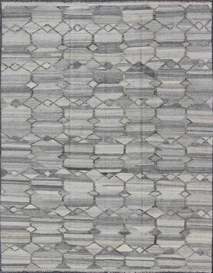 Versatile and neutral color - tone flat - weave Kilim for a Modern interiors as well a casual interiors. Keivan Woven Arts/ rug 17 - 0908, country of origin / type: Afghanistan / Kilim Measures: 7'9 x 9'9 with a Minimalist floor design this sil... - Keivan Woven Arts17 - 0908 - 8869Rug