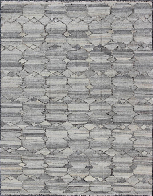 Versatile and neutral color - tone flat - weave Kilim for a Modern interiors as well a casual interiors. Keivan Woven Arts/ rug 17 - 0908, country of origin / type: Afghanistan / Kilim Measures: 7'9 x 9'9 with a Minimalist floor design this sil... - Keivan Woven Arts17 - 0908 - 8869Rug