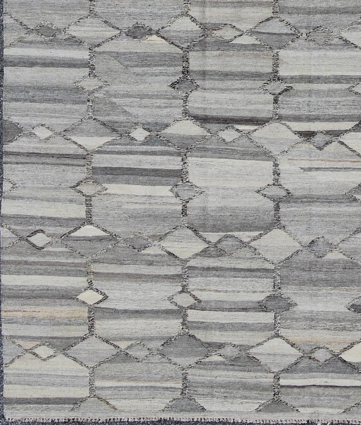 Versatile and neutral color - tone flat - weave Kilim for a Modern interiors as well a casual interiors. Keivan Woven Arts/ rug 17 - 0908, country of origin / type: Afghanistan / Kilim Measures: 7'9 x 9'9 with a Minimalist floor design this sil... - Keivan Woven Arts17 - 0908 - 8869Rug
