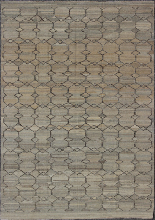 Contemporary Modern Kilim Rug in Shades of Gray, Silver, Charcoal and Gray. Rug/ 17 - 0909, Afghan Kilim Rug in charcoal, silver and gray, origin/ Afghanistan Circa / 2010 This hand - woven Afghan kilim rug features a beautiful geometric desi... - Keivan Woven Arts17 - 0909 - 8875Rug