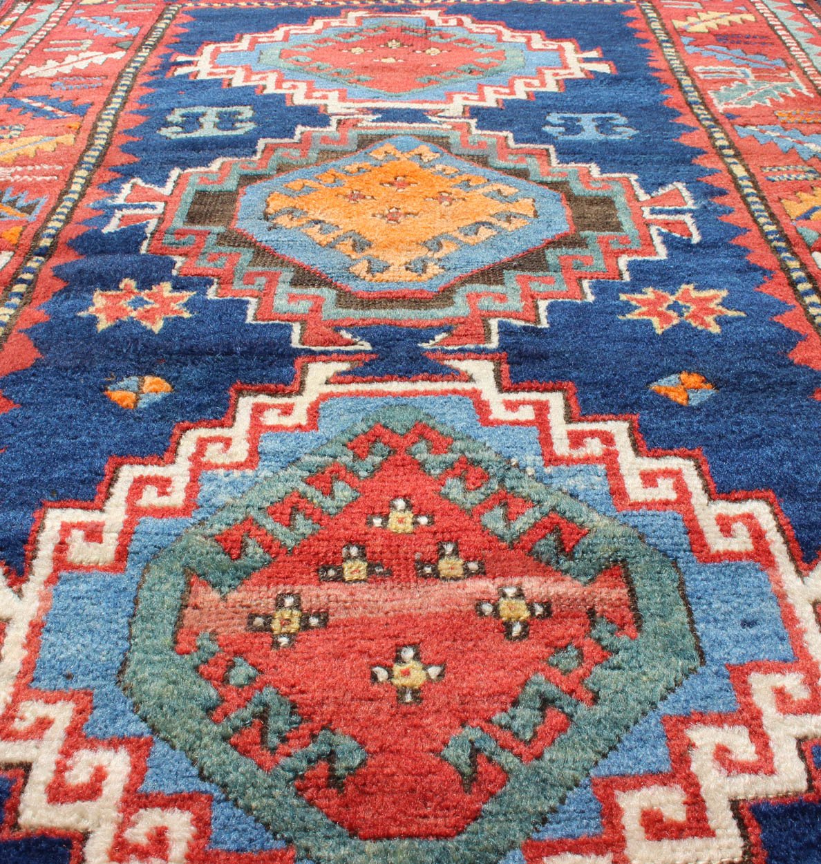 Keivan Woven Arts - Tribal geometric medallion design Kazak rug antique from Caucasus Region in multi - colors, rug 17 - 0910, country of origin / type: Caucuses / Caucasian Kazak, circa 1880. Kazak rugs are among the most desirable Caucasian rugs. Th... - Keivan Woven Arts17 - 0910 - 8913Rug