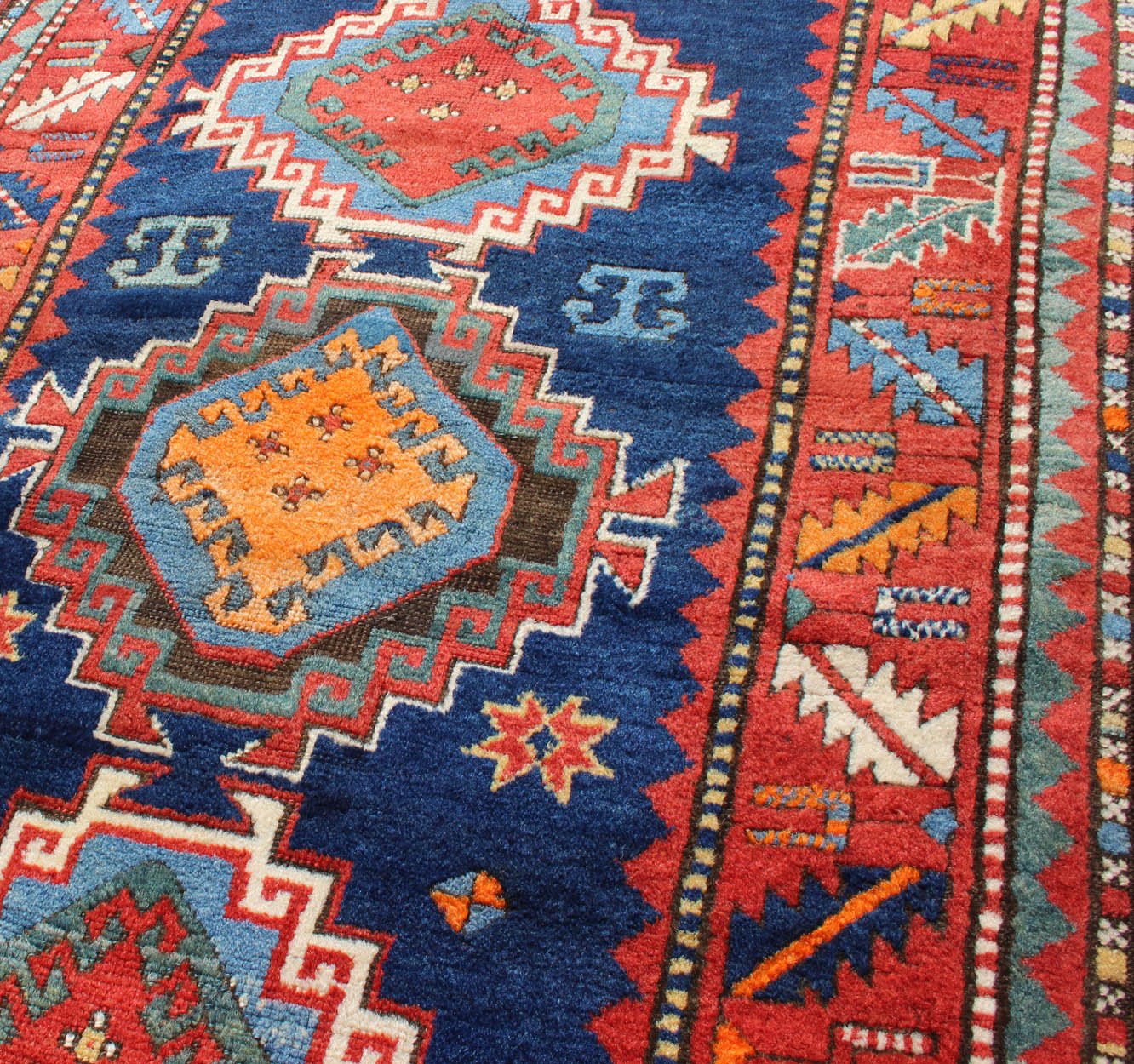 Keivan Woven Arts - Tribal geometric medallion design Kazak rug antique from Caucasus Region in multi - colors, rug 17 - 0910, country of origin / type: Caucuses / Caucasian Kazak, circa 1880. Kazak rugs are among the most desirable Caucasian rugs. Th... - Keivan Woven Arts17 - 0910 - 8913Rug