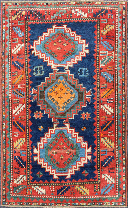 Keivan Woven Arts - Tribal geometric medallion design Kazak rug antique from Caucasus Region in multi - colors, rug 17 - 0910, country of origin / type: Caucuses / Caucasian Kazak, circa 1880. Kazak rugs are among the most desirable Caucasian rugs. Th... - Keivan Woven Arts17 - 0910 - 8913