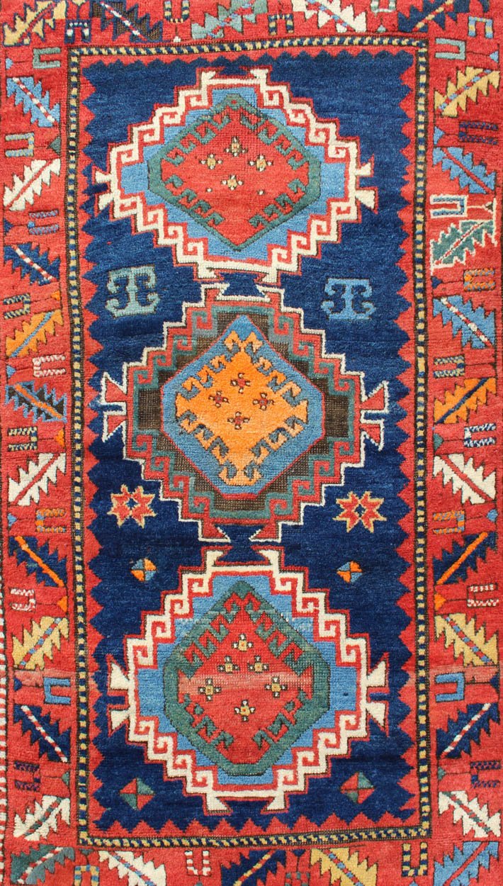 Keivan Woven Arts - Tribal geometric medallion design Kazak rug antique from Caucasus Region in multi - colors, rug 17 - 0910, country of origin / type: Caucuses / Caucasian Kazak, circa 1880. Kazak rugs are among the most desirable Caucasian rugs. Th... - Keivan Woven Arts17 - 0910 - 8913Rug