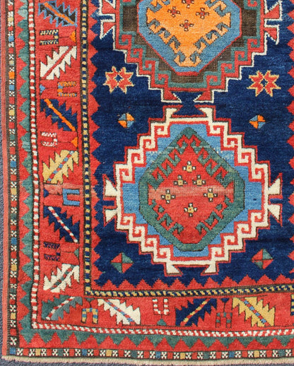 Keivan Woven Arts - Tribal geometric medallion design Kazak rug antique from Caucasus Region in multi - colors, rug 17 - 0910, country of origin / type: Caucuses / Caucasian Kazak, circa 1880. Kazak rugs are among the most desirable Caucasian rugs. Th... - Keivan Woven Arts17 - 0910 - 8913Rug