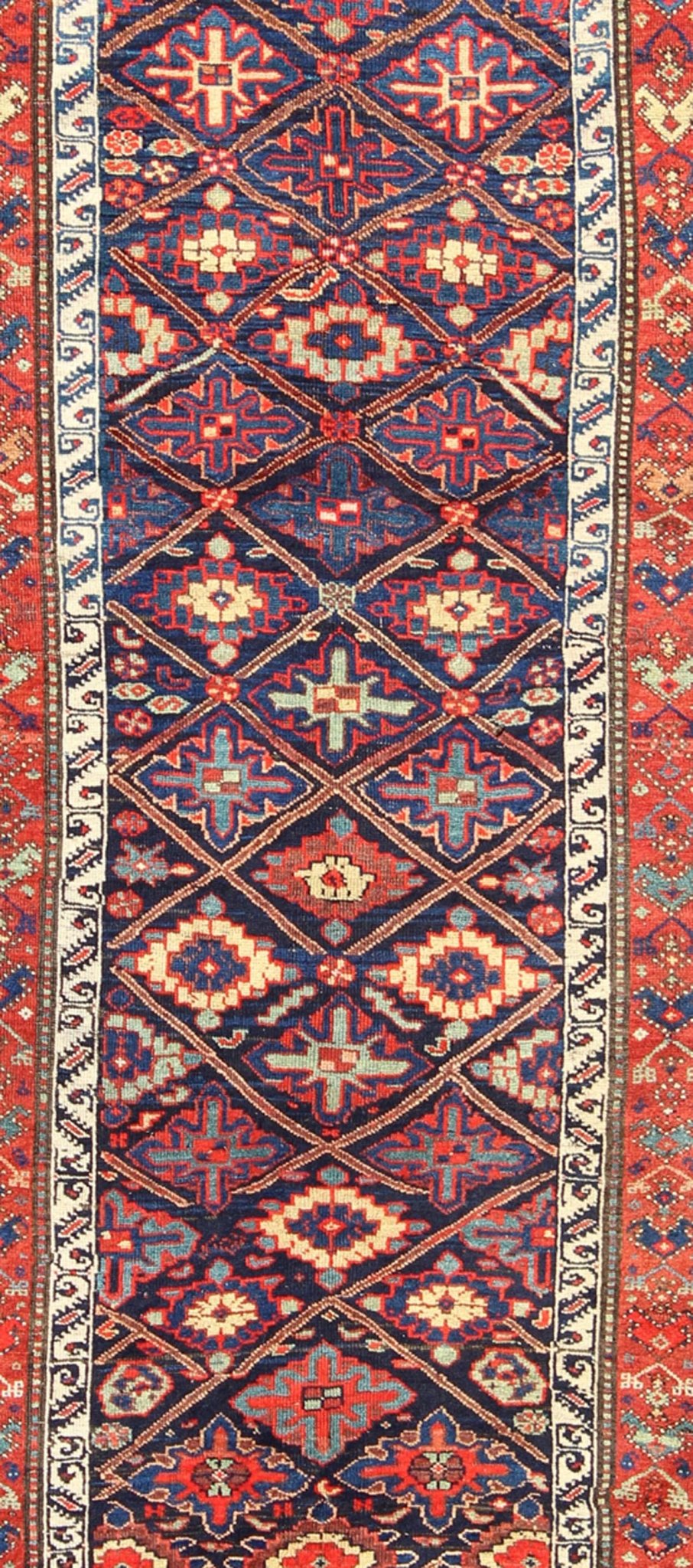 Antique Persian Bidjar runner with sub - geometric diamond design in midnight blue, rug 17 - 0911, country of origin / type: Iran / Bidjar, circa 1900 This magnificent early 20th century Persian Bidjar runner brilliantly incorporates breath - taking c... - Keivan Woven Arts17 - 0911 - 8919Rug