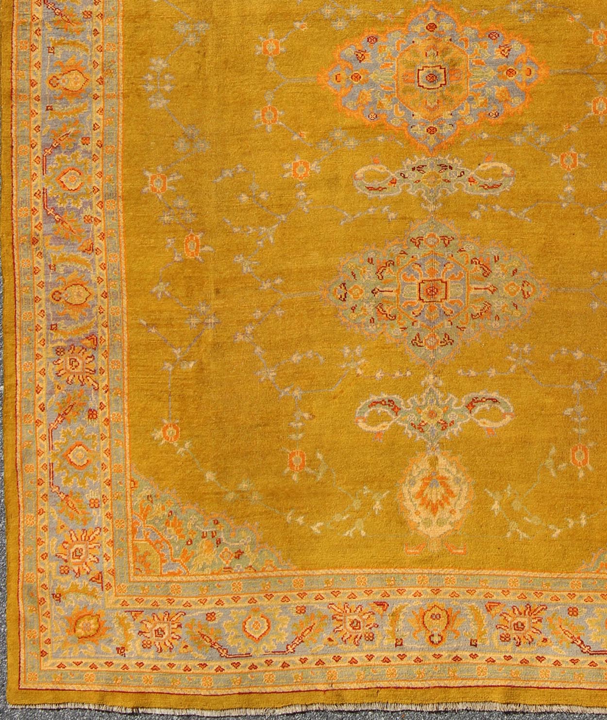 Fine Antique Burlu Oushak Rug in Saffron Gold, Gray Lavender, L. Green, Orange, red . Antique Turkish fine Oushak rug with Three Medallions in unique colors, Keivan Woven Arts/rug /17 - 1002, country of origin / type: Turkey / Oushak, Burlu Oushak, circa... - Keivan Woven Arts17 - 1002 - 8944Rug