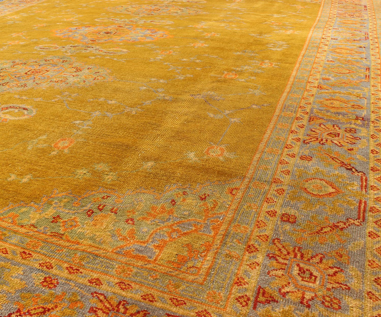 Fine Antique Burlu Oushak Rug in Saffron Gold, Gray Lavender, L. Green, Orange, red . Antique Turkish fine Oushak rug with Three Medallions in unique colors, Keivan Woven Arts/rug /17 - 1002, country of origin / type: Turkey / Oushak, Burlu Oushak, circa... - Keivan Woven Arts17 - 1002 - 8944Rug
