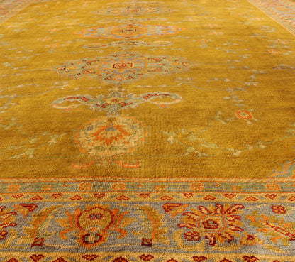 Fine Antique Burlu Oushak Rug in Saffron Gold, Gray Lavender, L. Green, Orange, red . Antique Turkish fine Oushak rug with Three Medallions in unique colors, Keivan Woven Arts/rug /17 - 1002, country of origin / type: Turkey / Oushak, Burlu Oushak, circa... - Keivan Woven Arts17 - 1002 - 8944Rug