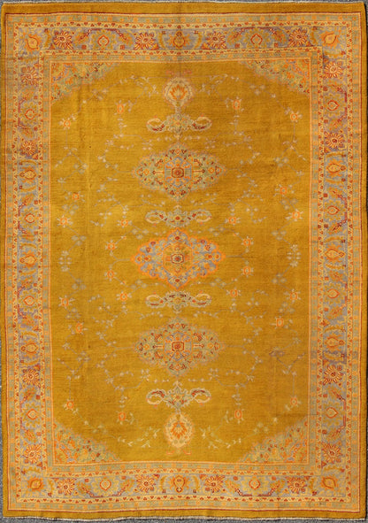 Fine Antique Burlu Oushak Rug in Saffron Gold, Gray Lavender, L. Green, Orange, red . Antique Turkish fine Oushak rug with Three Medallions in unique colors, Keivan Woven Arts/rug /17 - 1002, country of origin / type: Turkey / Oushak, Burlu Oushak, circa... - Keivan Woven Arts17 - 1002 - 8944Rug
