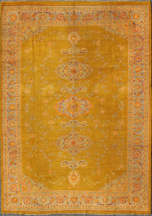 Fine Antique Burlu Oushak Rug in Saffron Gold, Gray Lavender, L. Green, Orange, red . Antique Turkish fine Oushak rug with Three Medallions in unique colors, Keivan Woven Arts/rug /17 - 1002, country of origin / type: Turkey / Oushak, Burlu Oushak, circa... - Keivan Woven Arts17 - 1002 - 8944Rug