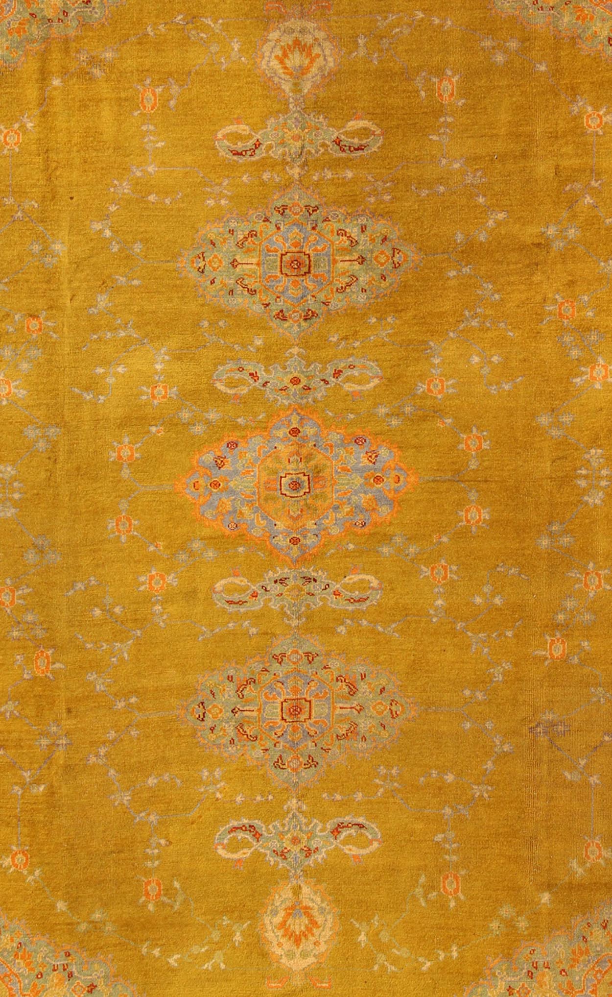 Fine Antique Burlu Oushak Rug in Saffron Gold, Gray Lavender, L. Green, Orange, red . Antique Turkish fine Oushak rug with Three Medallions in unique colors, Keivan Woven Arts/rug /17 - 1002, country of origin / type: Turkey / Oushak, Burlu Oushak, circa... - Keivan Woven Arts17 - 1002 - 8944Rug
