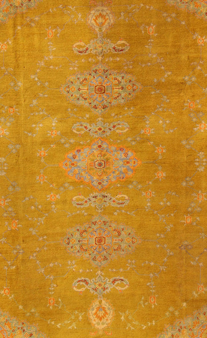 Fine Antique Burlu Oushak Rug in Saffron Gold, Gray Lavender, L. Green, Orange, red . Antique Turkish fine Oushak rug with Three Medallions in unique colors, Keivan Woven Arts/rug /17 - 1002, country of origin / type: Turkey / Oushak, Burlu Oushak, circa... - Keivan Woven Arts17 - 1002 - 8944Rug