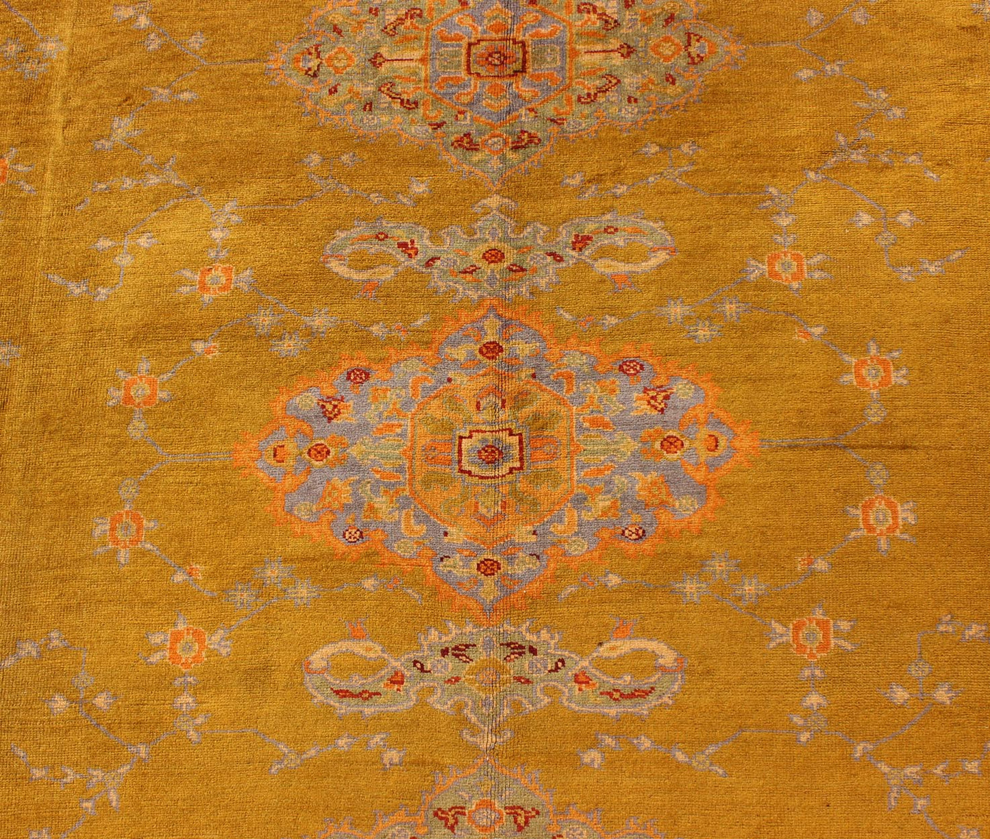 Fine Antique Burlu Oushak Rug in Saffron Gold, Gray Lavender, L. Green, Orange, red . Antique Turkish fine Oushak rug with Three Medallions in unique colors, Keivan Woven Arts/rug /17 - 1002, country of origin / type: Turkey / Oushak, Burlu Oushak, circa... - Keivan Woven Arts17 - 1002 - 8944Rug