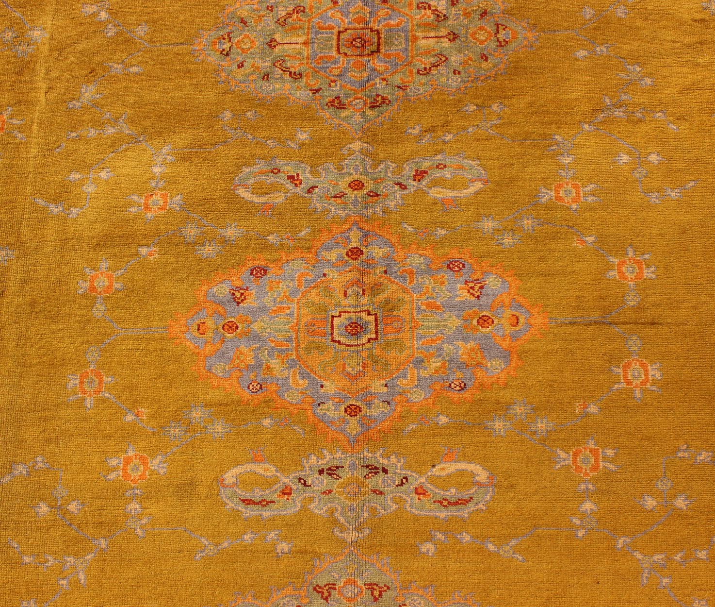 Fine Antique Burlu Oushak Rug in Saffron Gold, Gray Lavender, L. Green, Orange, red . Antique Turkish fine Oushak rug with Three Medallions in unique colors, Keivan Woven Arts/rug /17 - 1002, country of origin / type: Turkey / Oushak, Burlu Oushak, circa... - Keivan Woven Arts17 - 1002 - 8944Rug