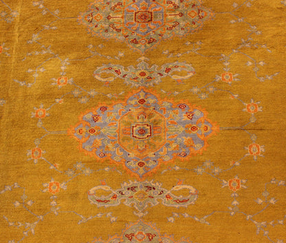 Fine Antique Burlu Oushak Rug in Saffron Gold, Gray Lavender, L. Green, Orange, red . Antique Turkish fine Oushak rug with Three Medallions in unique colors, Keivan Woven Arts/rug /17 - 1002, country of origin / type: Turkey / Oushak, Burlu Oushak, circa... - Keivan Woven Arts17 - 1002 - 8944Rug