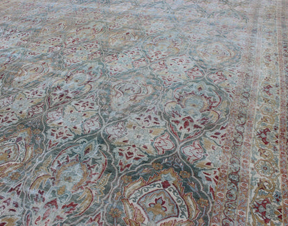 Very Large Antique Persian Distressed Lavar Kerman Rug In Large Scale Design. Very Large Antique finely woven Persian Lavar Kerman Rug In Large Scale Design. Large antique Persian Lavar Kerman distressed rug with large scale layered flowers in ... - Keivan Woven Arts17 - 1003 - 9232Rug