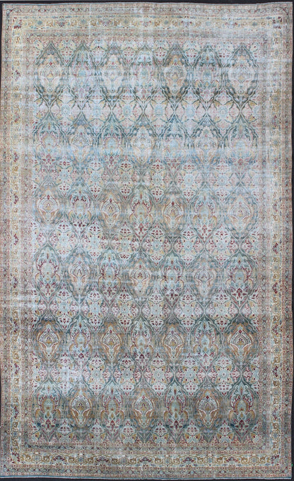 Very Large Antique Persian Distressed Lavar Kerman Rug In Large Scale Design. Very Large Antique finely woven Persian Lavar Kerman Rug In Large Scale Design. Large antique Persian Lavar Kerman distressed rug with large scale layered flowers in ... - Keivan Woven Arts17 - 1003 - 9232Rug