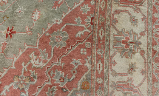 Antique Hand Knotted Turkish Oushak With Large Medallion in Soft Green Antique Turkish Oushak rug with floral design in light green and soft pink. Keivan Woven Arts / rug 17 - 1101, country of origin / type: Turkey / Oushak, circa 1930 Measures: 1... - Keivan Woven Arts17 - 1101 - 9242Rug