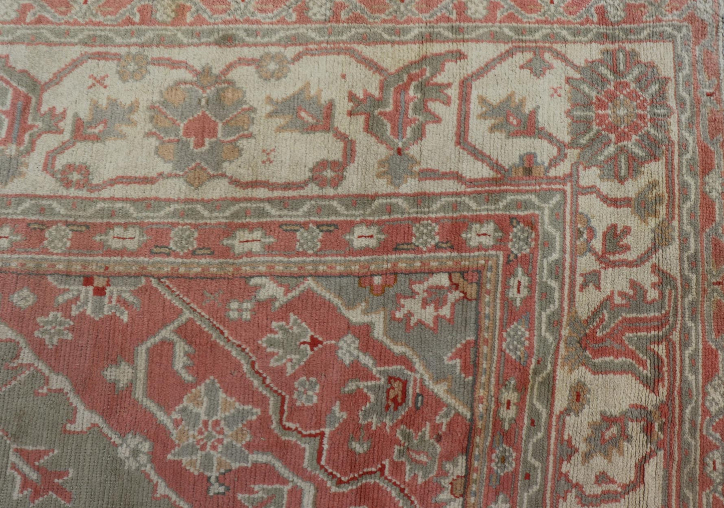 Antique Hand Knotted Turkish Oushak With Large Medallion in Soft Green Antique Turkish Oushak rug with floral design in light green and soft pink. Keivan Woven Arts / rug 17 - 1101, country of origin / type: Turkey / Oushak, circa 1930 Measures: 1... - Keivan Woven Arts17 - 1101 - 9242Rug