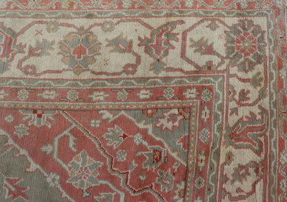 Antique Hand Knotted Turkish Oushak With Large Medallion in Soft Green Antique Turkish Oushak rug with floral design in light green and soft pink. Keivan Woven Arts / rug 17 - 1101, country of origin / type: Turkey / Oushak, circa 1930 Measures: 1... - Keivan Woven Arts17 - 1101 - 9242Rug