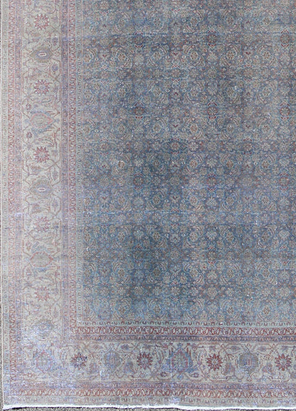 Distressed Antique Persian Tabriz Rug in Shades of Light Blue Gray, Ivory & Red. Large all - over Herati design antique distressed Persian Tabriz rug in shades of light blue Gray and soft red, Keivan Woven Arts / rug 17 - 1102, country of origin / t... - Keivan Woven Arts17 - 1102 - 9248Rug
