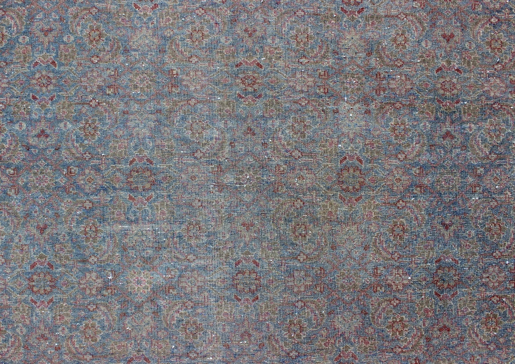 Distressed Antique Persian Tabriz Rug in Shades of Light Blue Gray, Ivory & Red. Large all - over Herati design antique distressed Persian Tabriz rug in shades of light blue Gray and soft red, Keivan Woven Arts / rug 17 - 1102, country of origin / t... - Keivan Woven Arts17 - 1102 - 9248Rug