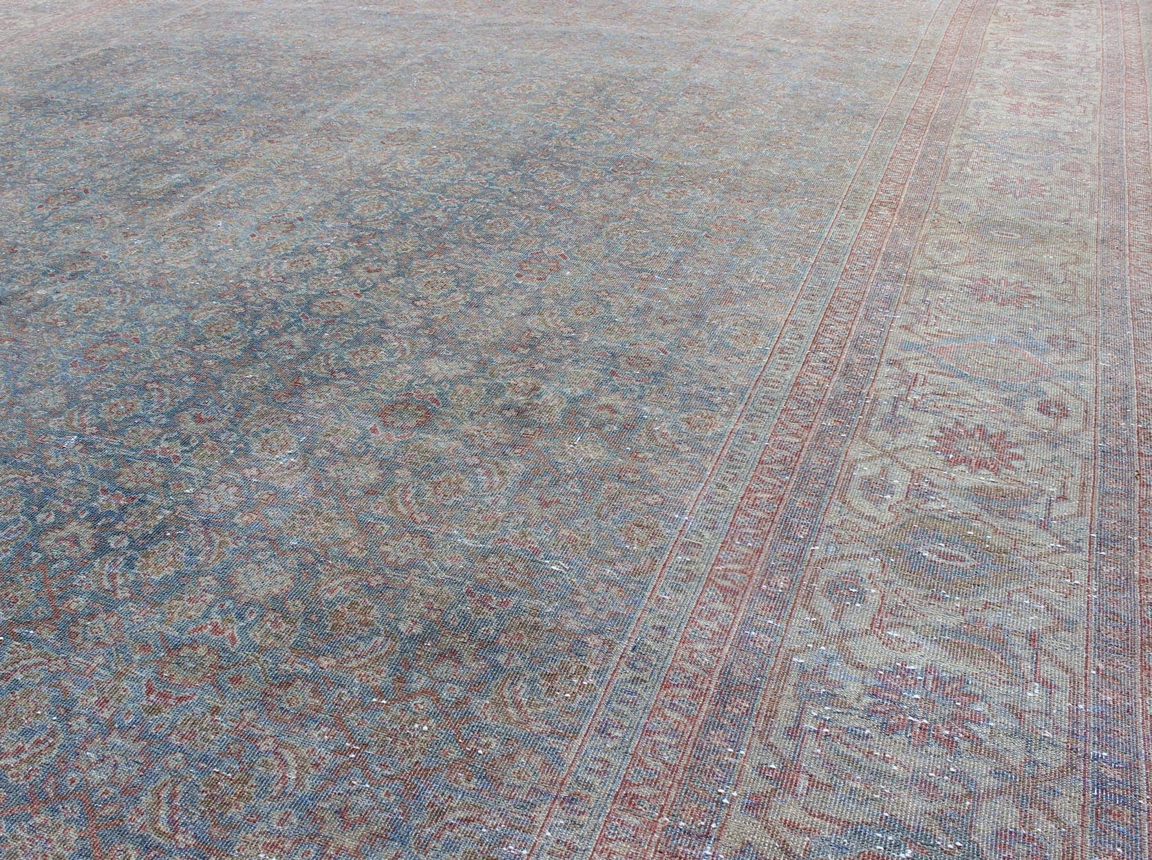 Distressed Antique Persian Tabriz Rug in Shades of Light Blue Gray, Ivory & Red. Large all - over Herati design antique distressed Persian Tabriz rug in shades of light blue Gray and soft red, Keivan Woven Arts / rug 17 - 1102, country of origin / t... - Keivan Woven Arts17 - 1102 - 9248Rug