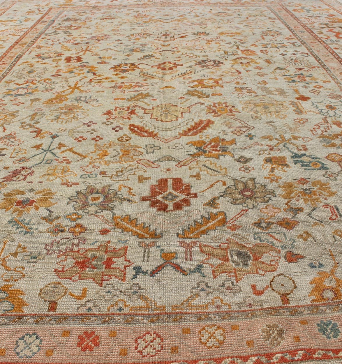 Outstanding Ivory Background Antique Turkish Oushak Rug in Multi - Colors Antique Turkish Oushak rug with all - over floral design in green, blue, ivory gold, orange, pink, brick red, brown, rug 17 - 1106, country of origin / type: Turkey / Oushak, ci... - Keivan Woven Arts17 - 1106 - 9262Rug