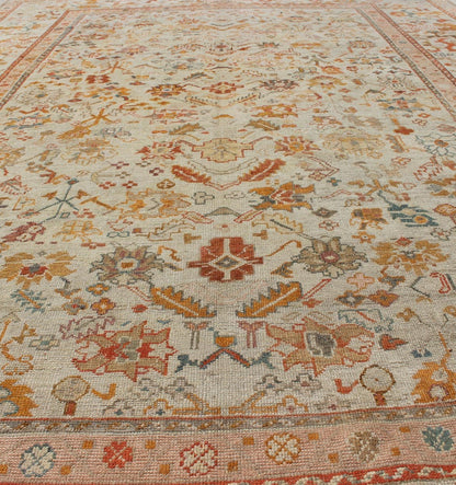 Outstanding Ivory Background Antique Turkish Oushak Rug in Multi - Colors Antique Turkish Oushak rug with all - over floral design in green, blue, ivory gold, orange, pink, brick red, brown, rug 17 - 1106, country of origin / type: Turkey / Oushak, ci... - Keivan Woven Arts17 - 1106 - 9262Rug