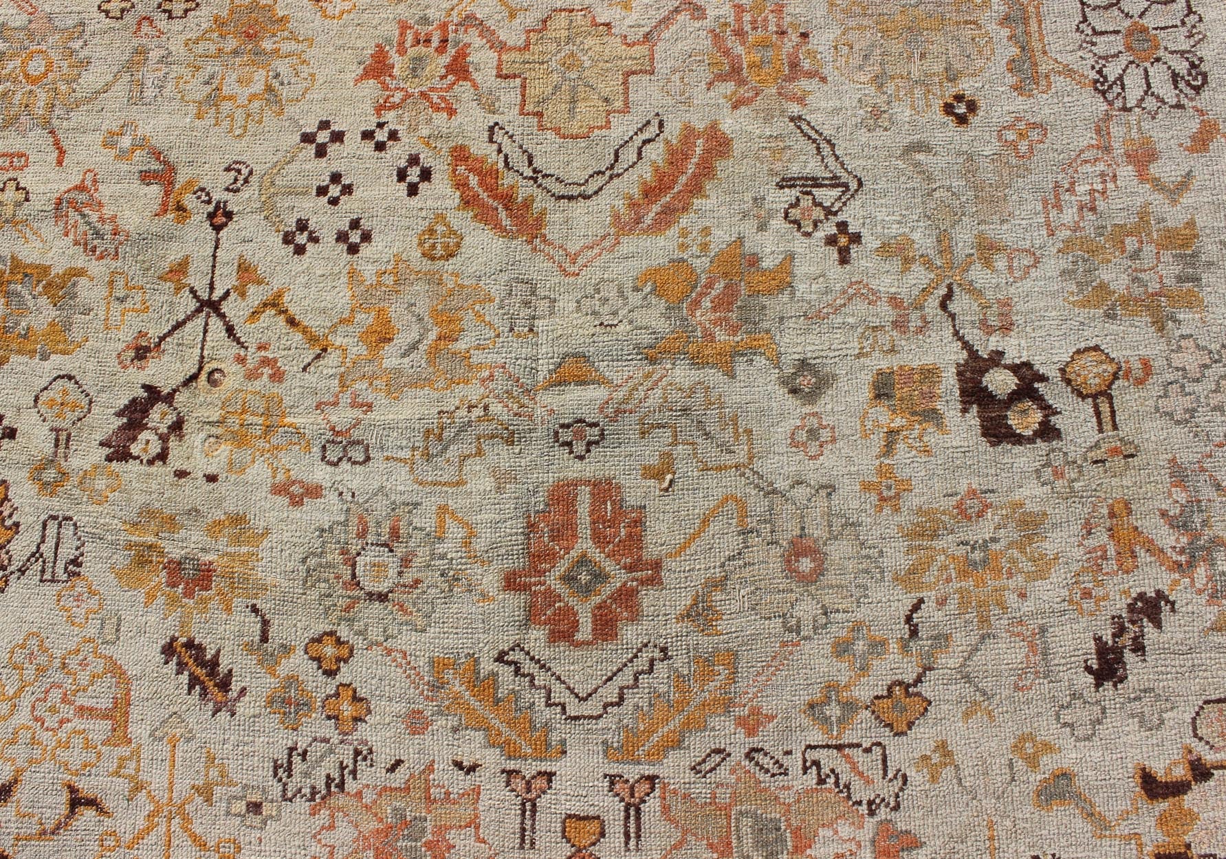 Outstanding Ivory Background Antique Turkish Oushak Rug in Multi - Colors Antique Turkish Oushak rug with all - over floral design in green, blue, ivory gold, orange, pink, brick red, brown, rug 17 - 1106, country of origin / type: Turkey / Oushak, ci... - Keivan Woven Arts17 - 1106 - 9262Rug