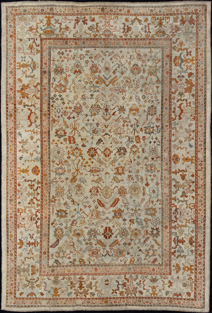 Outstanding Ivory Background Antique Turkish Oushak Rug in Multi - Colors Antique Turkish Oushak rug with all - over floral design in green, blue, ivory gold, orange, pink, brick red, brown, rug 17 - 1106, country of origin / type: Turkey / Oushak, ci... - Keivan Woven Arts17 - 1106 - 9262Rug