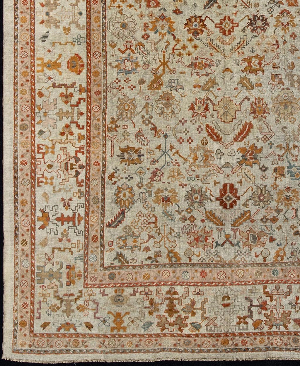 Outstanding Ivory Background Antique Turkish Oushak Rug in Multi - Colors Antique Turkish Oushak rug with all - over floral design in green, blue, ivory gold, orange, pink, brick red, brown, rug 17 - 1106, country of origin / type: Turkey / Oushak, ci... - Keivan Woven Arts17 - 1106 - 9262Rug