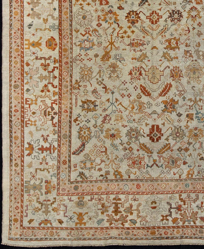 Outstanding Ivory Background Antique Turkish Oushak Rug in Multi - Colors Antique Turkish Oushak rug with all - over floral design in green, blue, ivory gold, orange, pink, brick red, brown, rug 17 - 1106, country of origin / type: Turkey / Oushak, ci... - Keivan Woven Arts17 - 1106 - 9262Rug