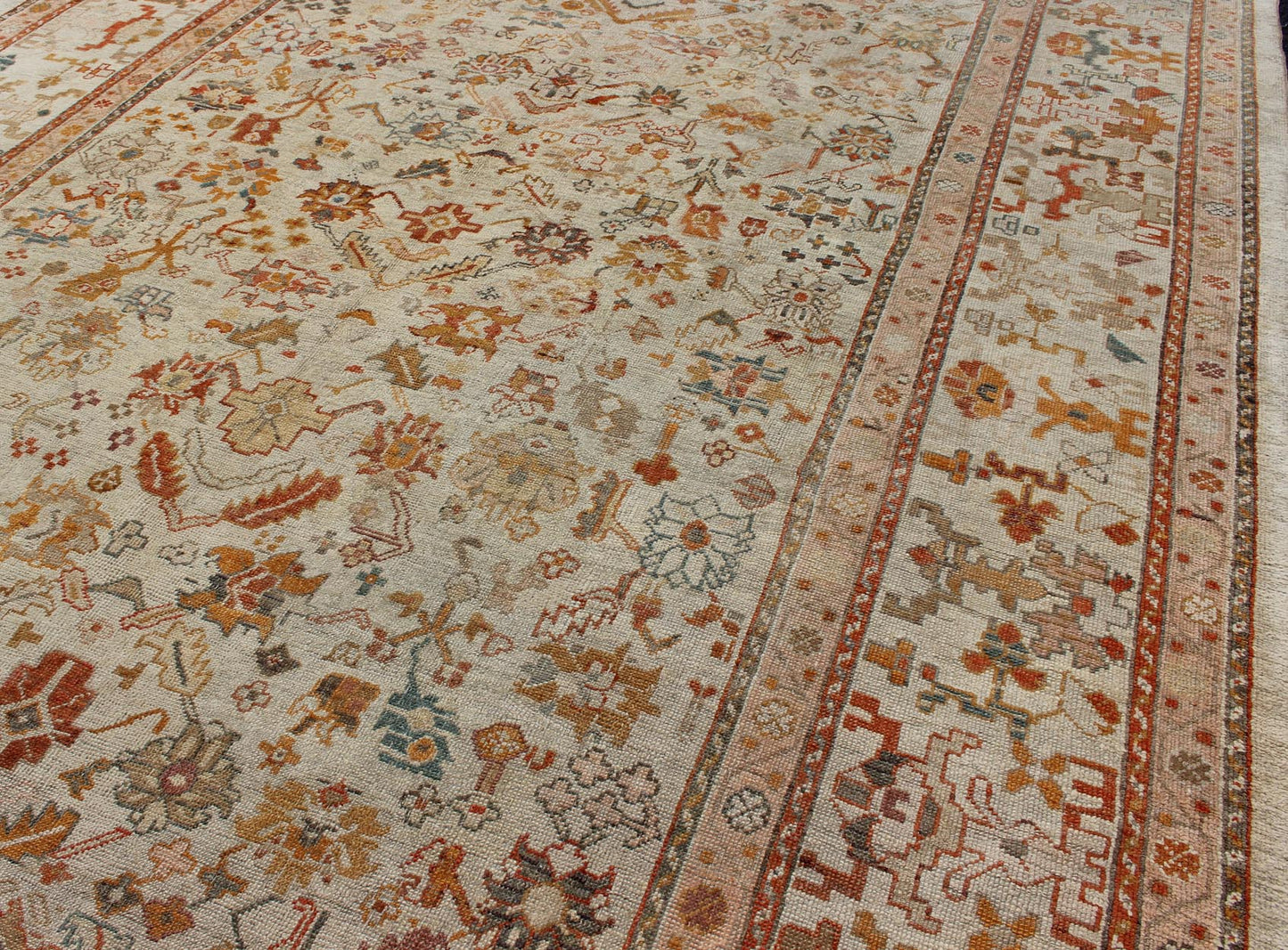 Outstanding Ivory Background Antique Turkish Oushak Rug in Multi - Colors Antique Turkish Oushak rug with all - over floral design in green, blue, ivory gold, orange, pink, brick red, brown, rug 17 - 1106, country of origin / type: Turkey / Oushak, ci... - Keivan Woven Arts17 - 1106 - 9262Rug