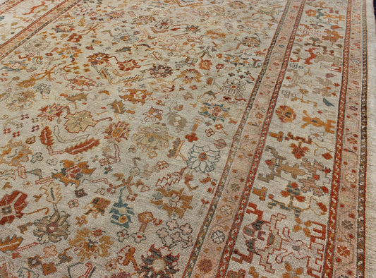 Outstanding Ivory Background Antique Turkish Oushak Rug in Multi - Colors Antique Turkish Oushak rug with all - over floral design in green, blue, ivory gold, orange, pink, brick red, brown, rug 17 - 1106, country of origin / type: Turkey / Oushak, ci... - Keivan Woven Arts17 - 1106 - 9262Rug