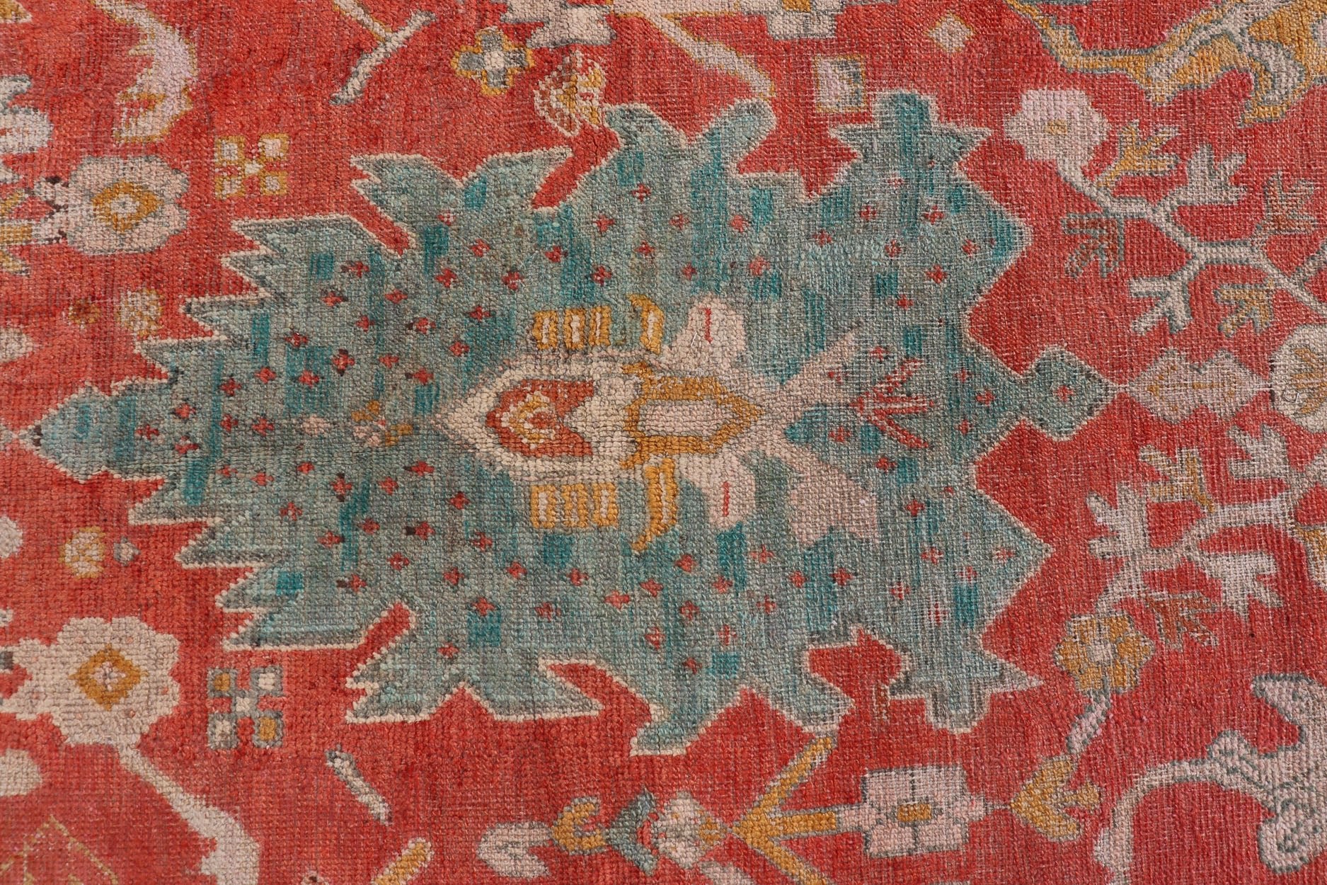 Antique Turkish Oushak In Tribal Motifs in Soft Coral, Blue, Marigold, and Cream Antique Turkish Oushak rug with tribal Medallion design in terracotta, blue, cream, and marigold. Keivan Woven Arts / rug / 17 - 1108 - K - 105, country of origin / type:... - Keivan Woven Arts17 - 1108 - K - 105 - 9272Rug