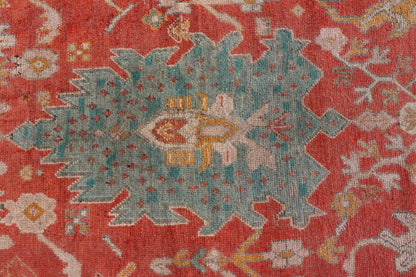 Antique Turkish Oushak In Tribal Motifs in Soft Coral, Blue, Marigold, and Cream Antique Turkish Oushak rug with tribal Medallion design in terracotta, blue, cream, and marigold. Keivan Woven Arts / rug / 17 - 1108 - K - 105, country of origin / type:... - Keivan Woven Arts17 - 1108 - K - 105 - 9272Rug