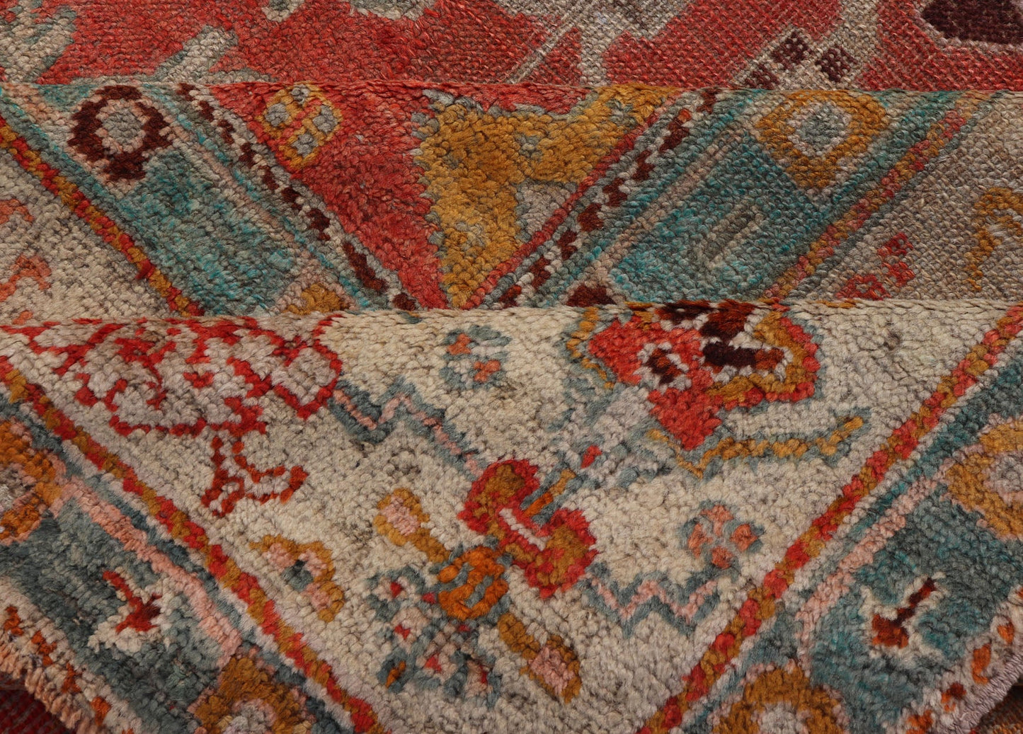 Antique Turkish Oushak In Tribal Motifs in Soft Coral, Blue, Marigold, and Cream Antique Turkish Oushak rug with tribal Medallion design in terracotta, blue, cream, and marigold. Keivan Woven Arts / rug / 17 - 1108 - K - 105, country of origin / type:... - Keivan Woven Arts17 - 1108 - K - 105 - 9272Rug