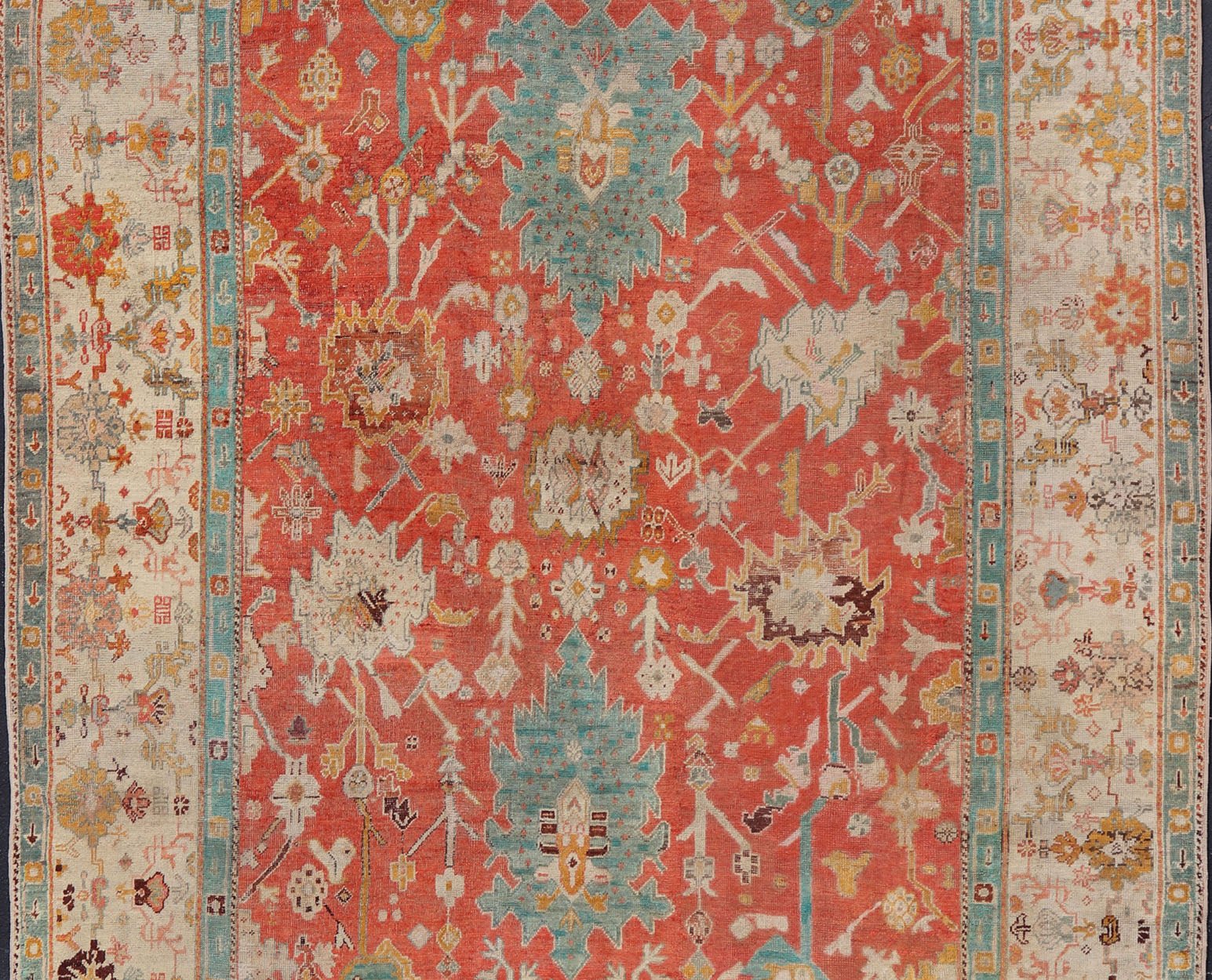 Antique Turkish Oushak In Tribal Motifs in Soft Coral, Blue, Marigold, and Cream Antique Turkish Oushak rug with tribal Medallion design in terracotta, blue, cream, and marigold. Keivan Woven Arts / rug / 17 - 1108 - K - 105, country of origin / type:... - Keivan Woven Arts17 - 1108 - K - 105 - 9272Rug