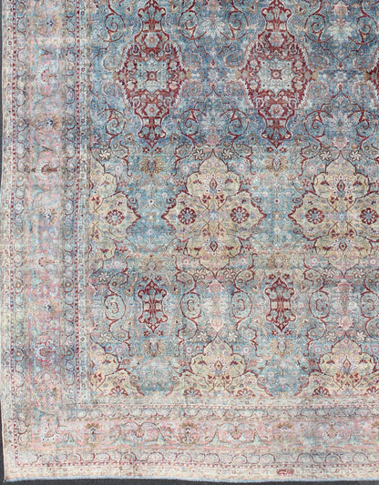 Large Antique Persian Kerman Rug with Medallions in Light Blue, Red and Pink. Large antique Persian Kerman rug with vertical medallions in light blue, red and pink. Keivan Woven Arts / rug 18 - 0201, country of origin / type: Iran / Kerman, circa 1900 ... - Keivan Woven Arts18 - 0201 - 9550Rug