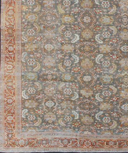 Large Antique Persian Sultanabad Rug in Gray, Gray/Green, Lime Green & Rust Red. Large antique Persian Sultanabad rug in gray/green, lime green, light blue, yellow, cream, faded gold, salmon, light green and rust/red, rug 18 - 0301, country of ori... - Keivan Woven Arts18 - 0301 - 9553Rug