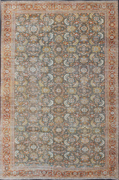 Large Antique Persian Sultanabad Rug in Gray, Gray/Green, Lime Green & Rust Red. Large antique Persian Sultanabad rug in gray/green, lime green, light blue, yellow, cream, faded gold, salmon, light green and rust/red, rug 18 - 0301, country of ori... - Keivan Woven Arts18 - 0301 - 9553Rug