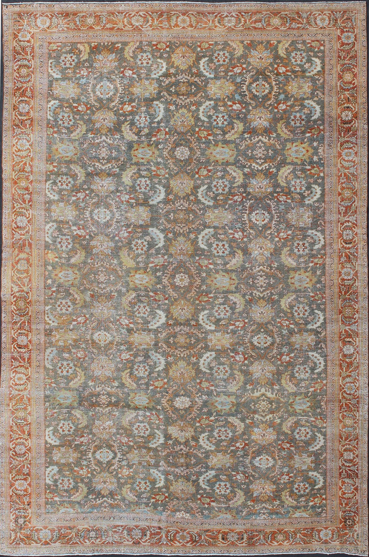 Large Antique Persian Sultanabad Rug in Gray, Gray/Green, Lime Green & Rust Red. Large antique Persian Sultanabad rug in gray/green, lime green, light blue, yellow, cream, faded gold, salmon, light green and rust/red, rug 18 - 0301, country of ori... - Keivan Woven Arts18 - 0301 - 9553
