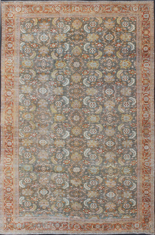 Large Antique Persian Sultanabad Rug in Gray, Gray/Green, Lime Green & Rust Red. Large antique Persian Sultanabad rug in gray/green, lime green, light blue, yellow, cream, faded gold, salmon, light green and rust/red, rug 18 - 0301, country of ori... - Keivan Woven Arts18 - 0301 - 9553