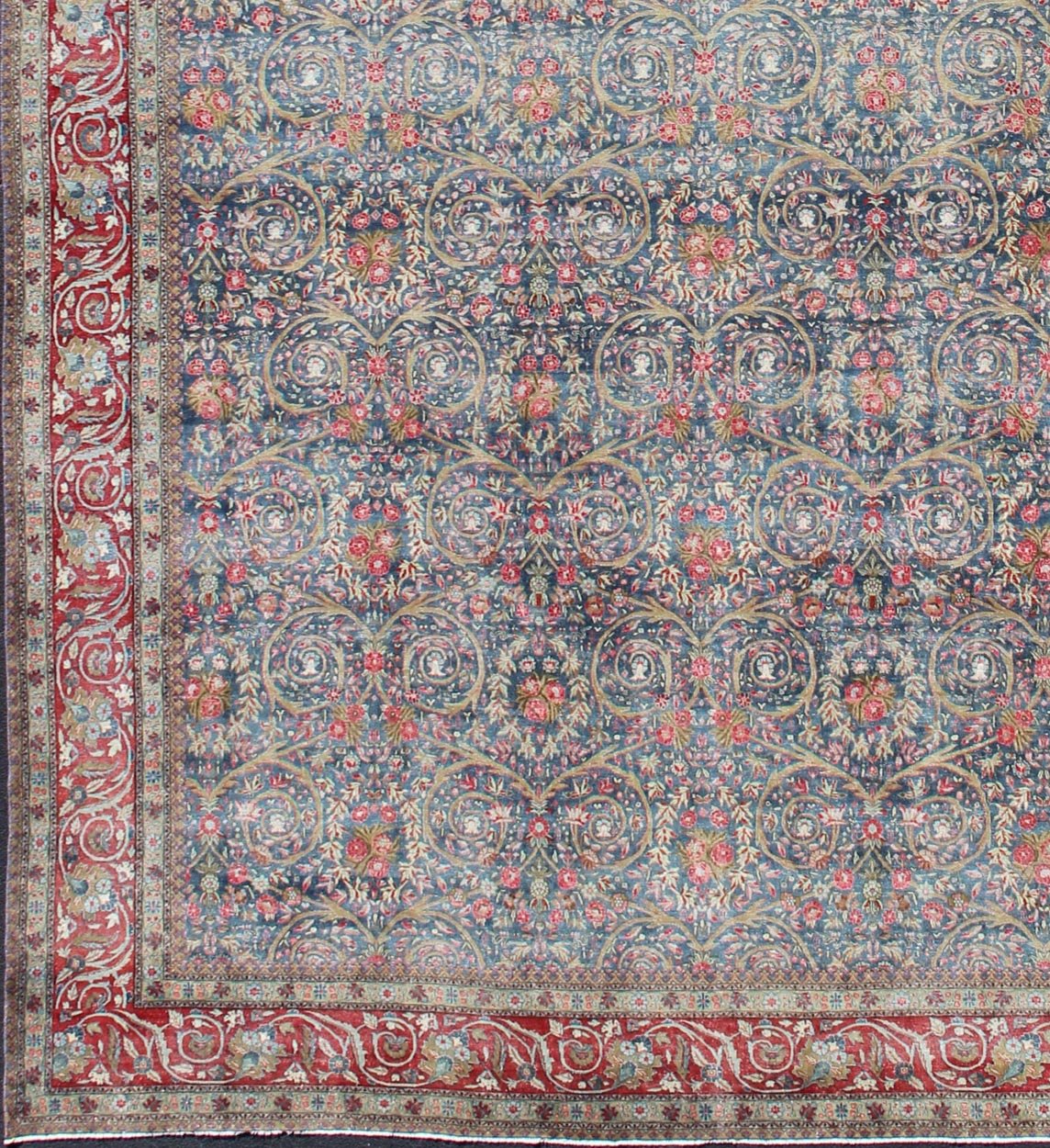 Large Palace size Antique Persian Tabriz Rug in Vine Scroll Design in Blue Background, Red. Blue background, Red border and multi colors such as light green, taupe, light blue/gray antique Persian Tabriz Large rug with flowers and all - over vine scr... - Keivan Woven Arts18 - 0403 - 9705