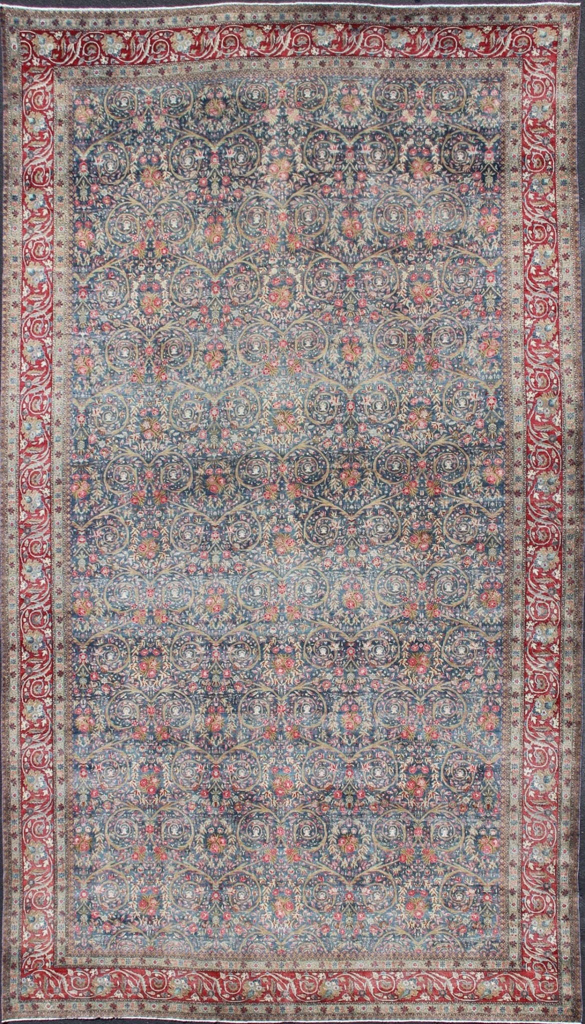 Large Palace size Antique Persian Tabriz Rug in Vine Scroll Design in Blue Background, Red. Blue background, Red border and multi colors such as light green, taupe, light blue/gray antique Persian Tabriz Large rug with flowers and all - over vine scr... - Keivan Woven Arts18 - 0403 - 9705Rug