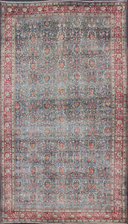 Large Palace size Antique Persian Tabriz Rug in Vine Scroll Design in Blue Background, Red. Blue background, Red border and multi colors such as light green, taupe, light blue/gray antique Persian Tabriz Large rug with flowers and all - over vine scr... - Keivan Woven Arts18 - 0403 - 9705Rug