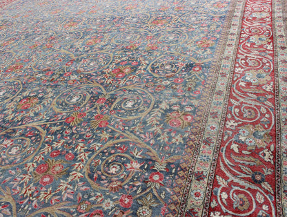 Large Palace size Antique Persian Tabriz Rug in Vine Scroll Design in Blue Background, Red. Blue background, Red border and multi colors such as light green, taupe, light blue/gray antique Persian Tabriz Large rug with flowers and all - over vine scr... - Keivan Woven Arts18 - 0403 - 9705Rug
